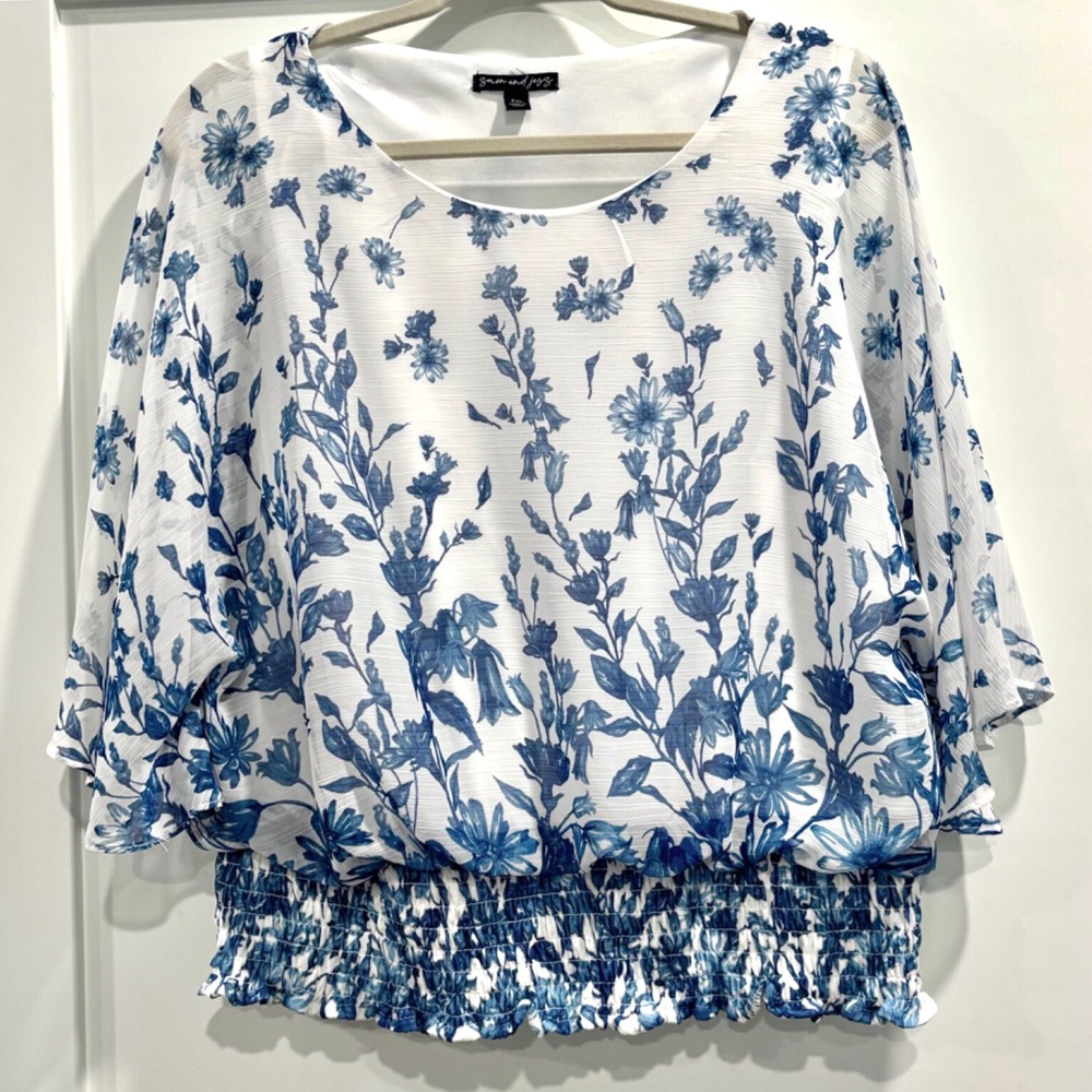 Romantic Blue & White Floral Boho Blouse - Petite XL